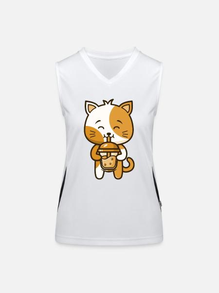 Eine lustige Katze Kätzchen trinkt Boba Tea Bubble - Funktionelles Kontrast-Tank Top für Frauen - Weiß/Schwarz - Vorne