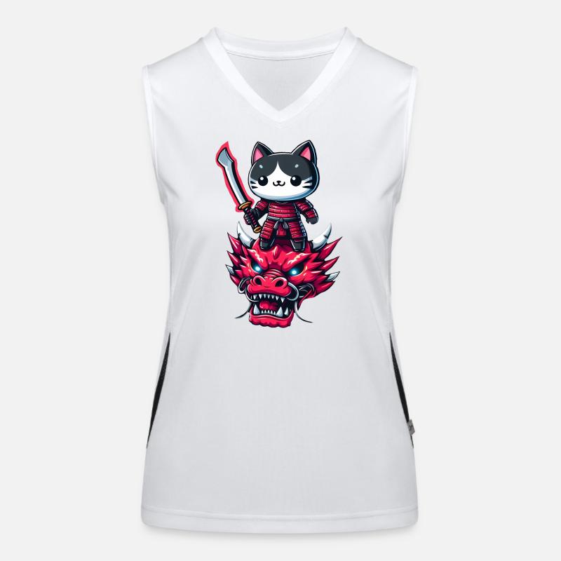 Samurai-Katze mit Schwert auf Drache in epischem 3D-Effekt Funktionelles Kontrast-Tank Top für Frauen