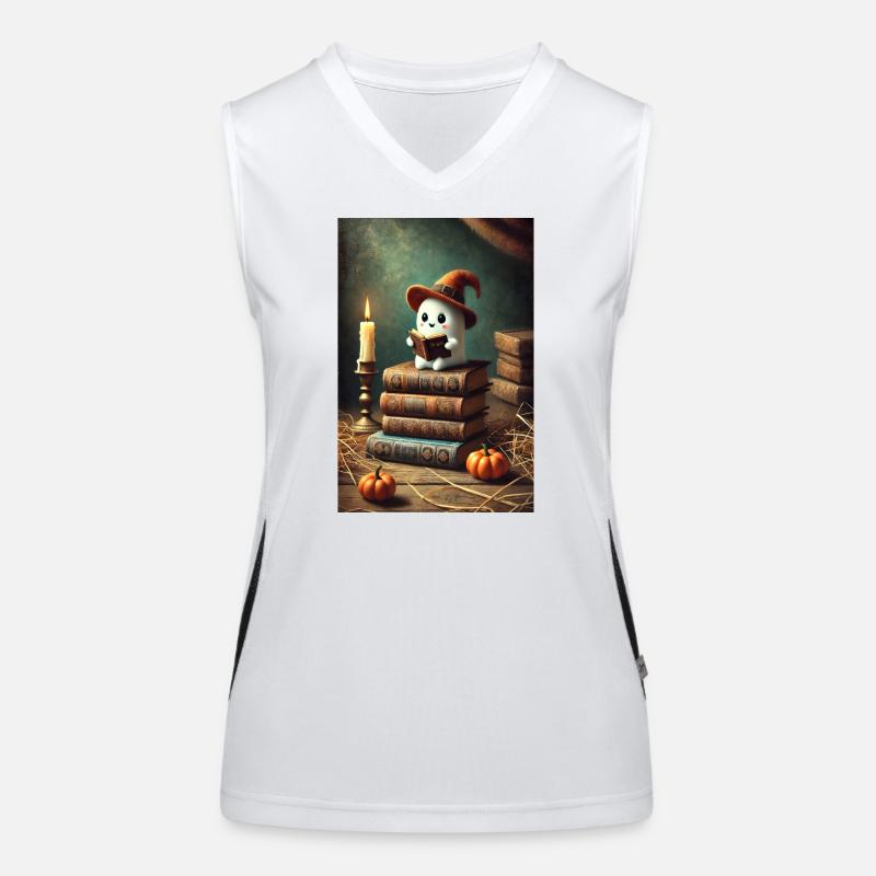 Reading Halloween ghost with a witch hat Women's Functional Contrast Tank Top