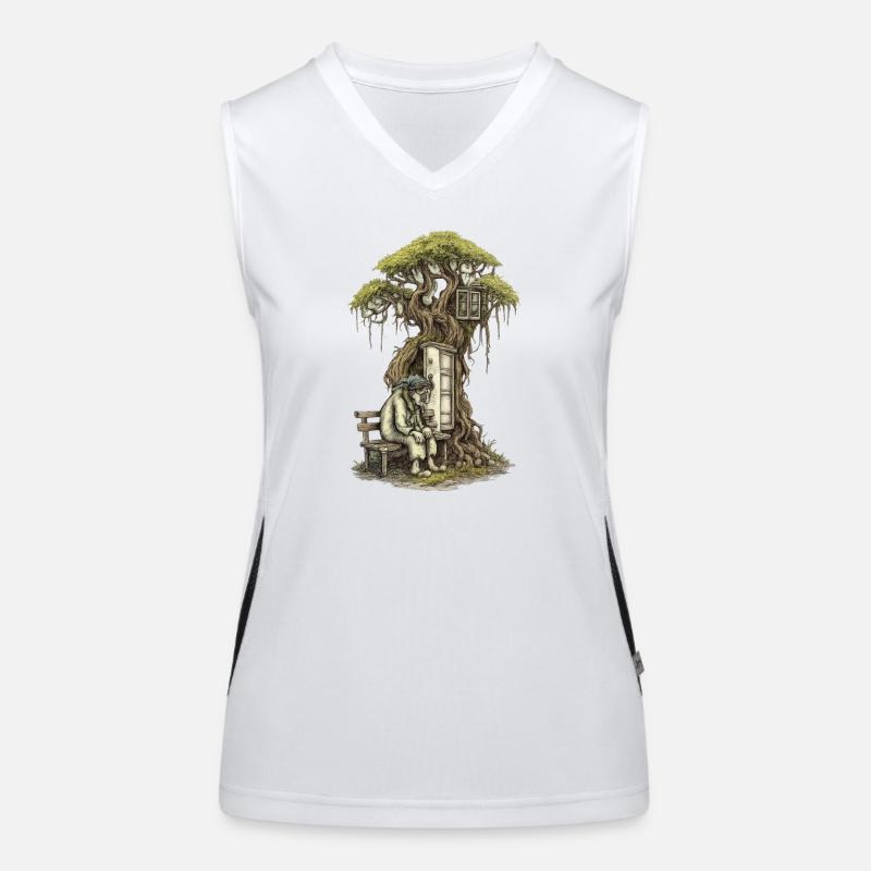 Treehouse poem: Old man squats in front of tree Women's Functional Contrast Tank Top