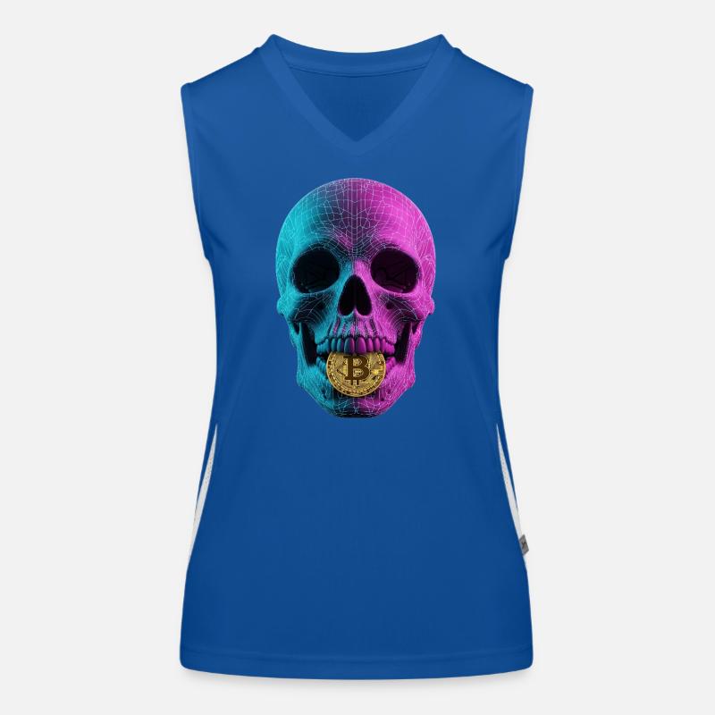 Bitcoin Skull Wireframe Design Cyan Magenta Funktionelles Kontrast-Tank Top für Frauen