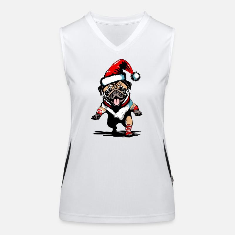 Tanzender Mops mit Weihnachtsmütze Funktionelles Kontrast-Tank Top für Frauen