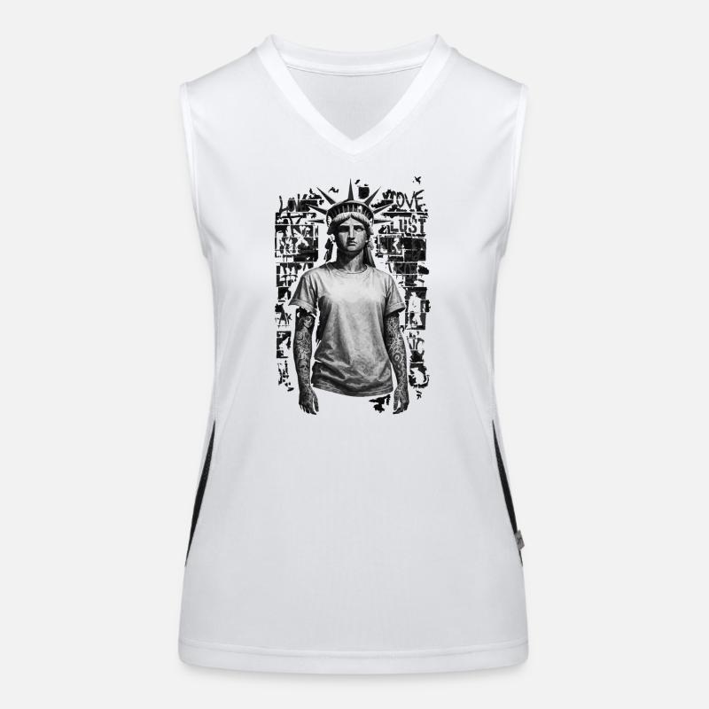 Freiheitsstatue in der Urban Graffiti Landschaft Funktionelles Kontrast-Tank Top für Frauen