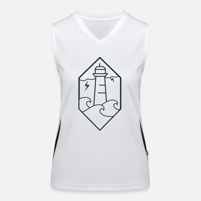Stormy lighthouse on ocean waves with lightning Women's Functional Contrast Tank Top