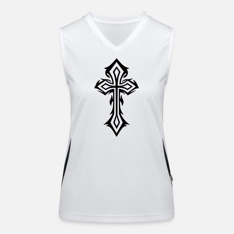 Croix, Crucifix, avec des épines, style gothique. Débardeur respirant contrasté Femme