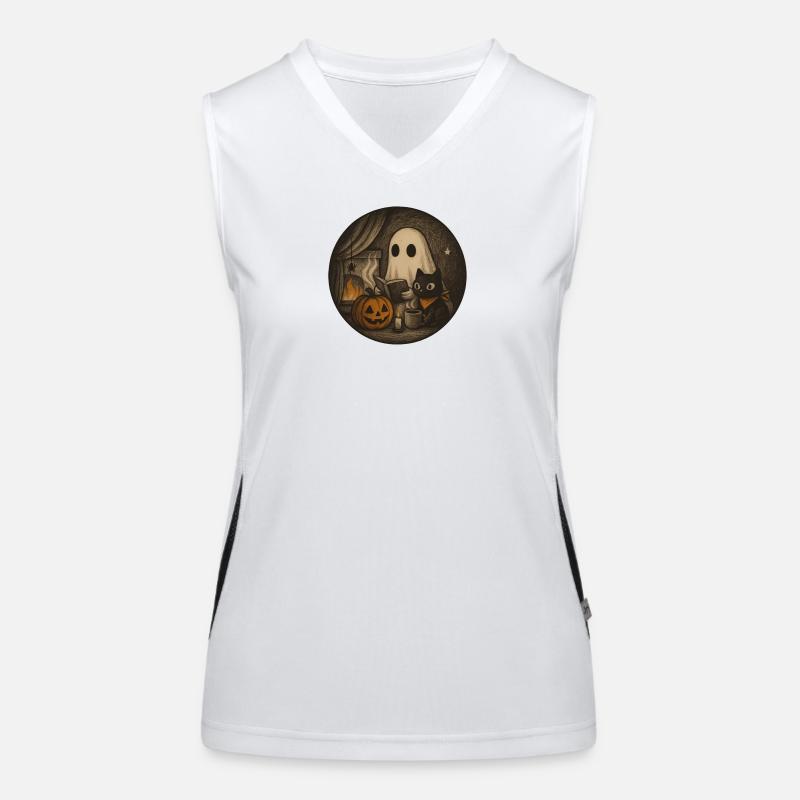 Cozy Halloween Scenario with Ghost and Pumpkin Women's Functional Contrast Tank Top