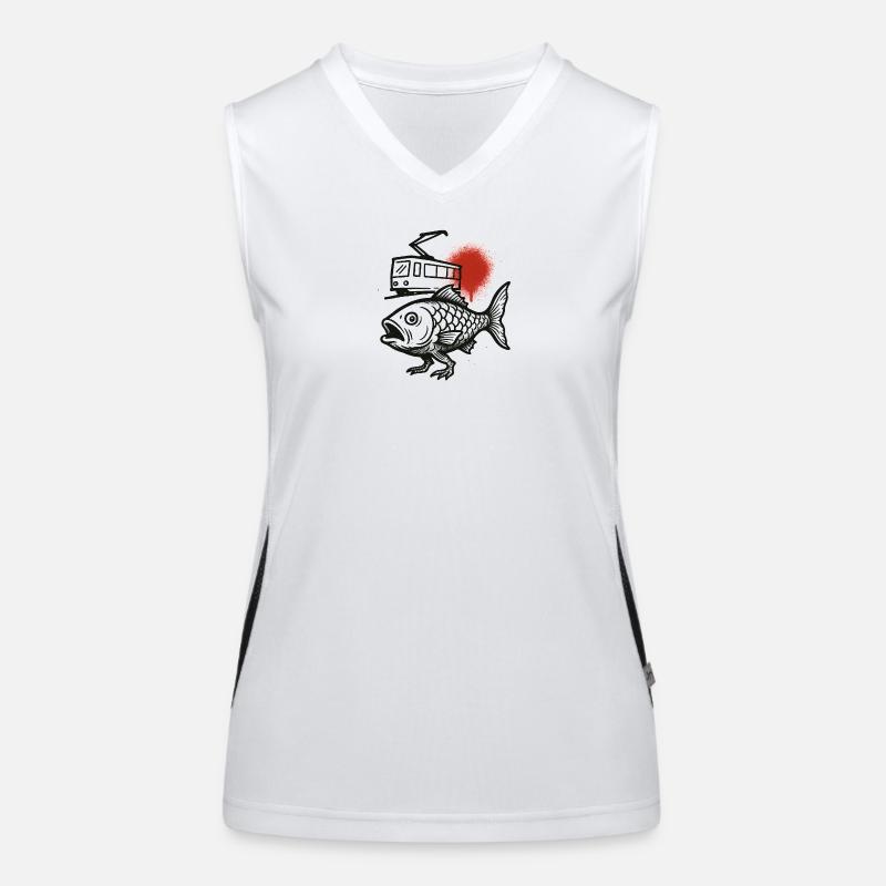 Eine Fischwelle einer Straßenbahn und eine rote Sonne Funktionelles Kontrast-Tank Top für Frauen