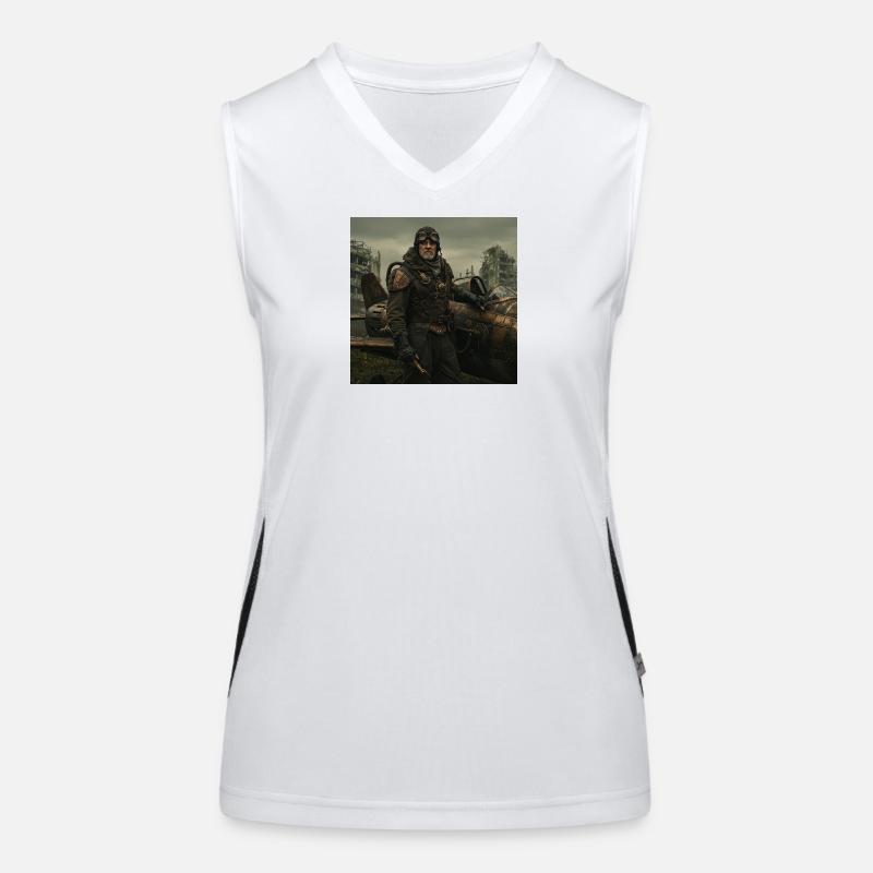 Steampunk Pilot on Post-Apocalyptic Ruins Women's Functional Contrast Tank Top