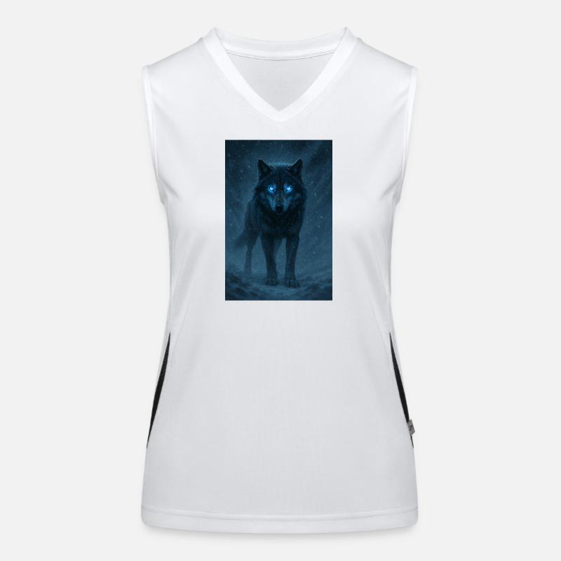 Blauäugiger Wolf in einem Schneesturm Funktionelles Kontrast-Tank Top für Frauen