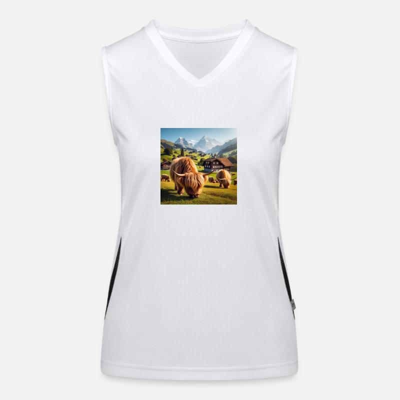 Fluffy Highland cattle grazing Funktionelles Kontrast-Tank Top für Frauen