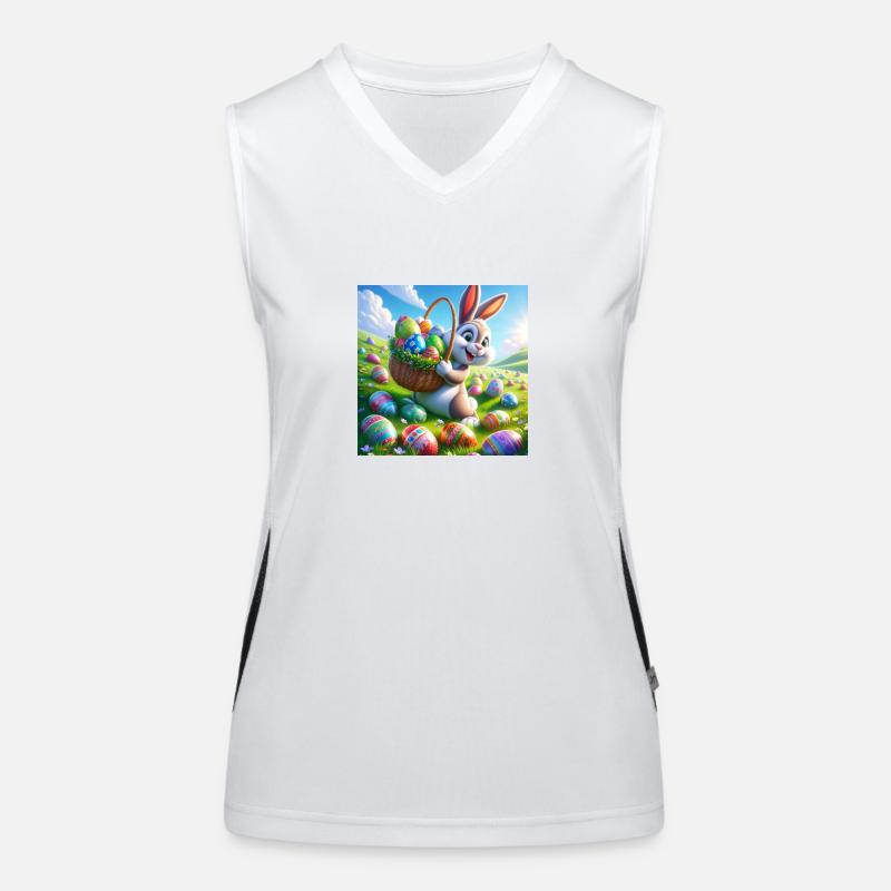 a cheerful easter bunny on a green meadow Women's Functional Contrast Tank Top