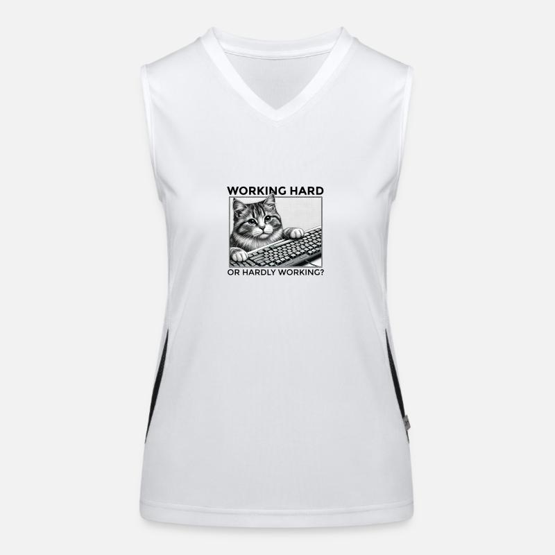 Humorous Keyboard Cat: Working Hard or Hardly Work Women's Functional Contrast Tank Top