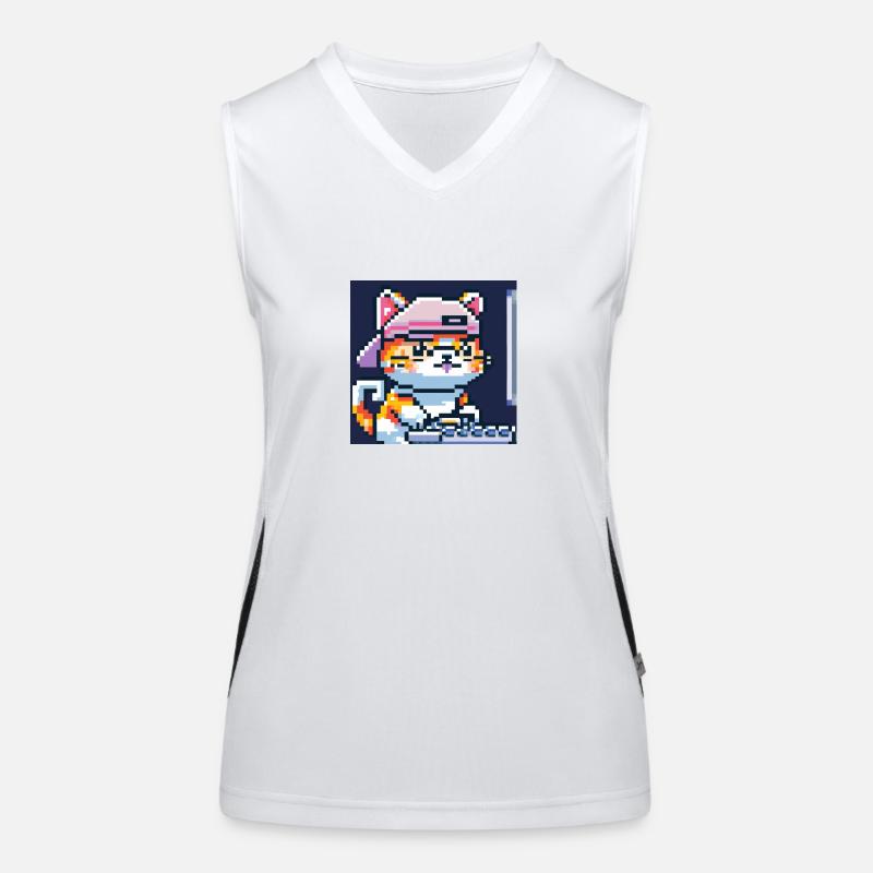 Cute cat with baseballhat playing computer games Women's Functional Contrast Tank Top