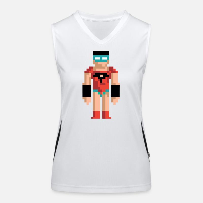 Pixel Art Superheld – Männlicher Held im roten Anzug Funktionelles Kontrast-Tank Top für Frauen