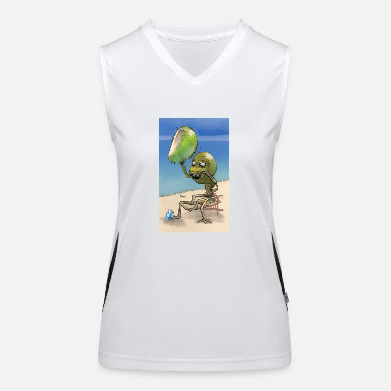Crazy Comic Alien on a beach with a space coconut Women's Functional Contrast Tank Top