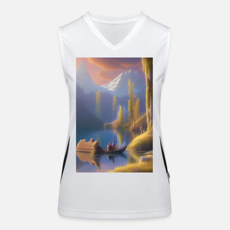 Landschaft mit See, Boot und Berge Funktionelles Kontrast-Tank Top für Frauen