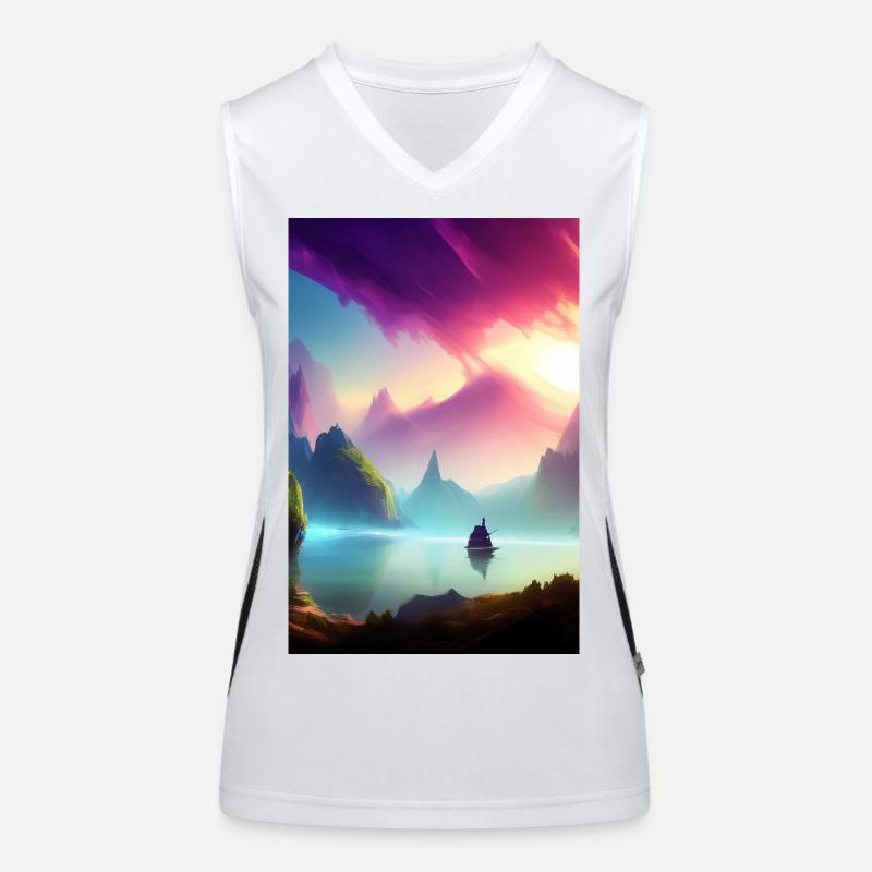 Landschaft mit See, Boot und Berge Funktionelles Kontrast-Tank Top für Frauen