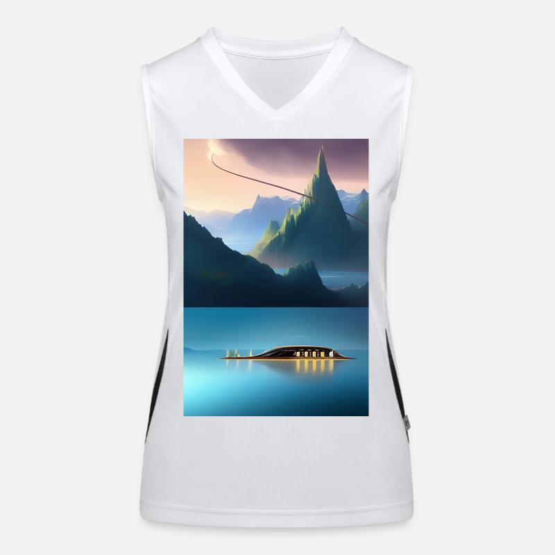 Landschaft mit See, Boot und Berge Funktionelles Kontrast-Tank Top für Frauen