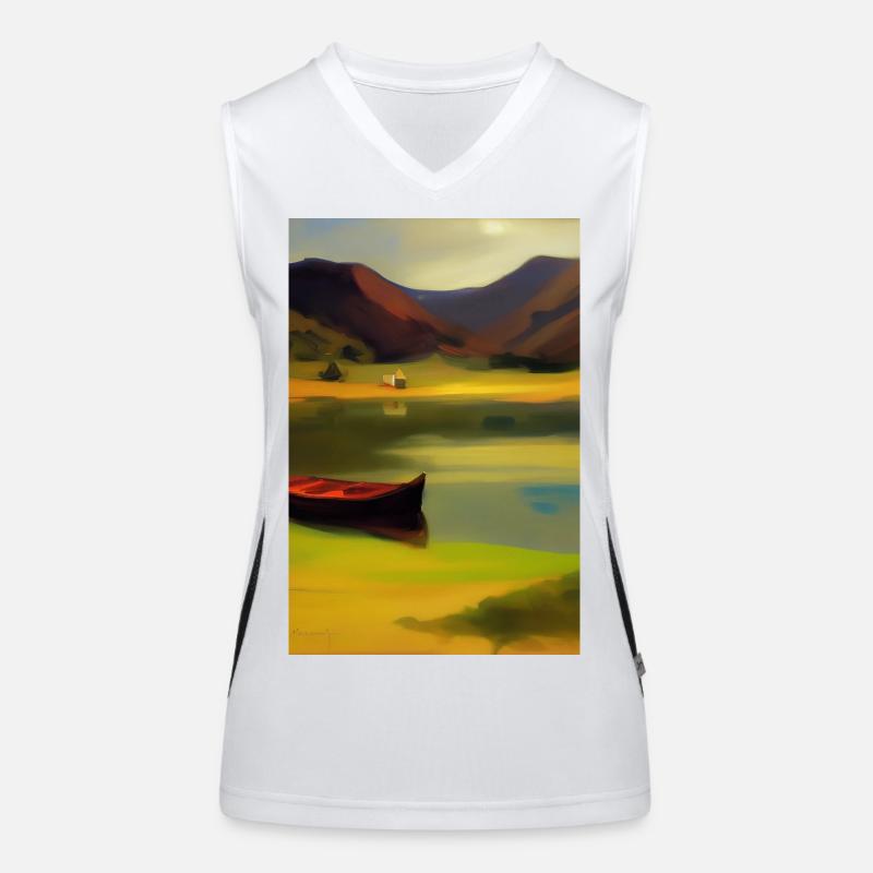 Landschaft mit See, Boot und Berge Funktionelles Kontrast-Tank Top für Frauen
