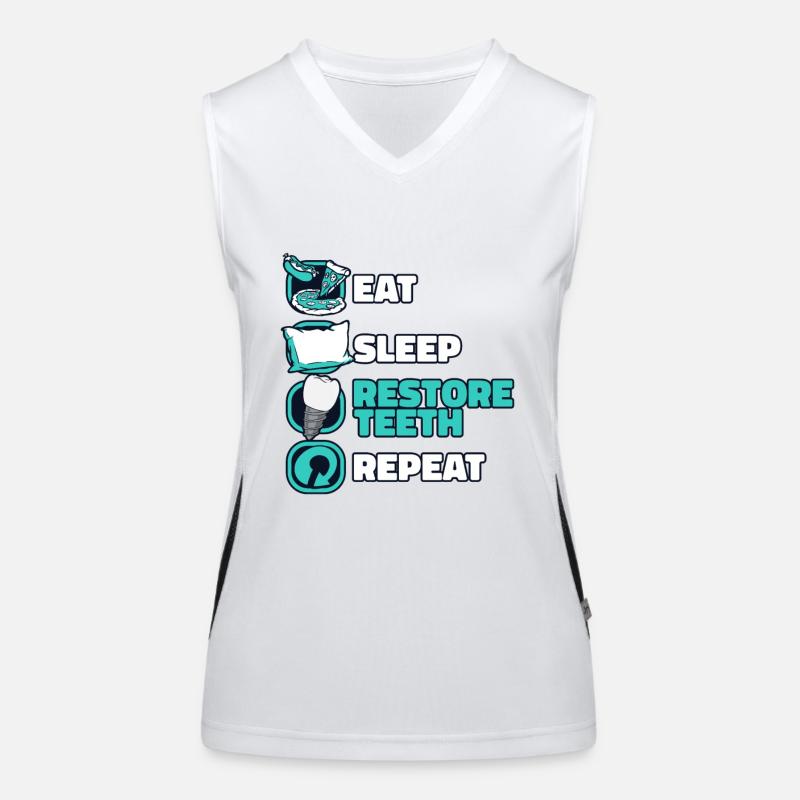 Eat Sleep Restore Teeth Repeat Dentallabor Funktionelles Kontrast-Tank Top für Frauen