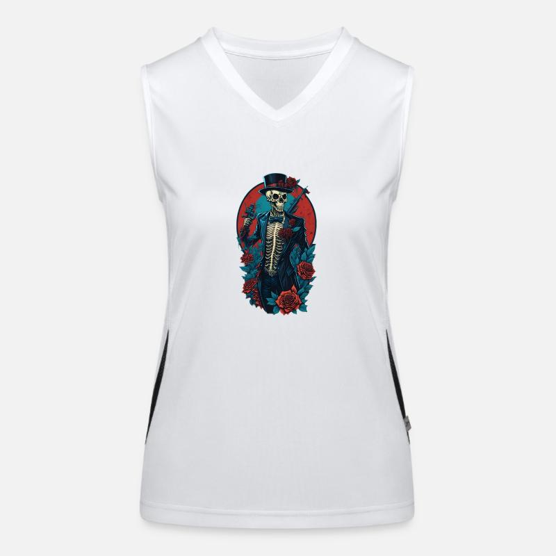 Skeleton with suit and hat and roses Cool Comic Women's Functional Contrast Tank Top