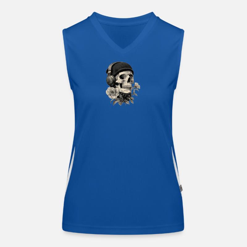 Schädel mit Kopfhörer und Rose Funktionelles Kontrast-Tank Top für Frauen
