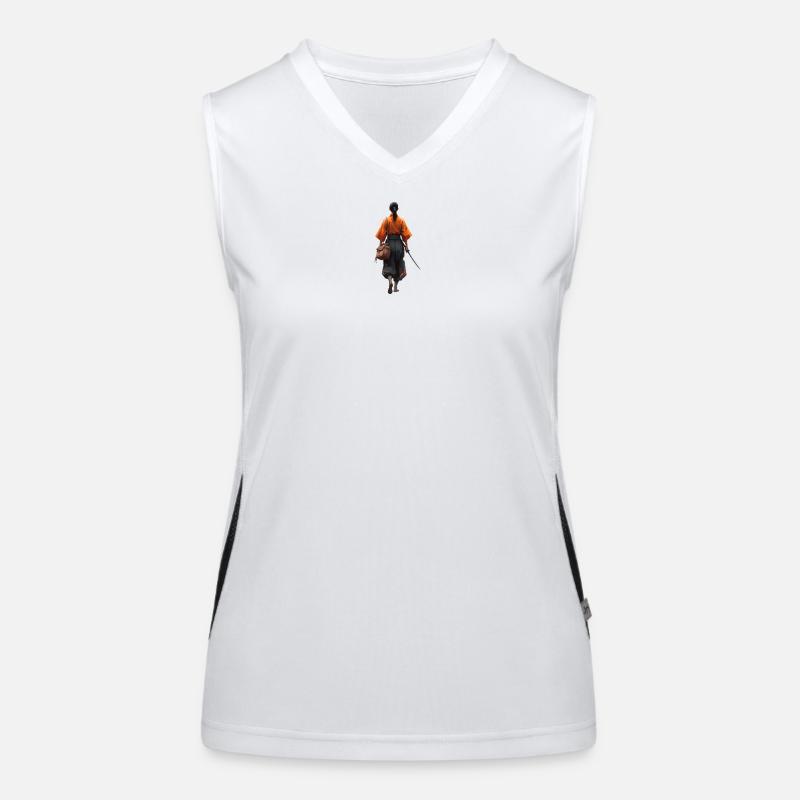 Samurai silhouette in orange robe Women's Functional Contrast Tank Top