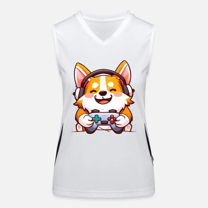 00239 Corgi mit Kopfhörer und Controller Funktionelles Kontrast-Tank Top für Frauen