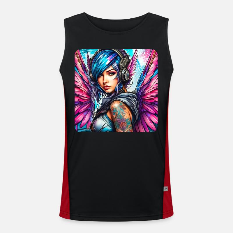 Cooler Cyberpunk Engel mit Kopfhörer Funktionelles Kontrast-Tank Top für Männer 