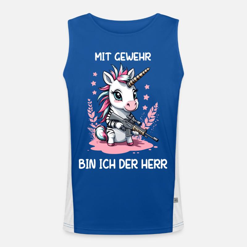 Einhorn mit Jagdgewehr Funktionelles Kontrast-Tank Top für Männer 