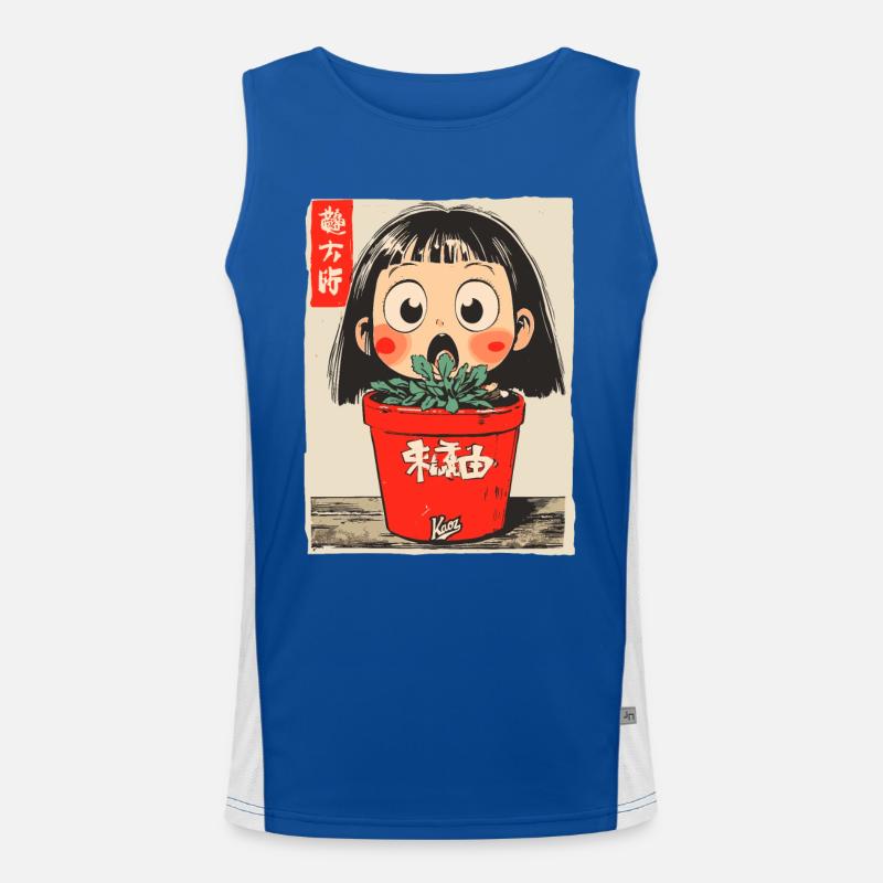 Cartoon Mädchen hinter einem Blumentopf Funktionelles Kontrast-Tank Top für Männer 