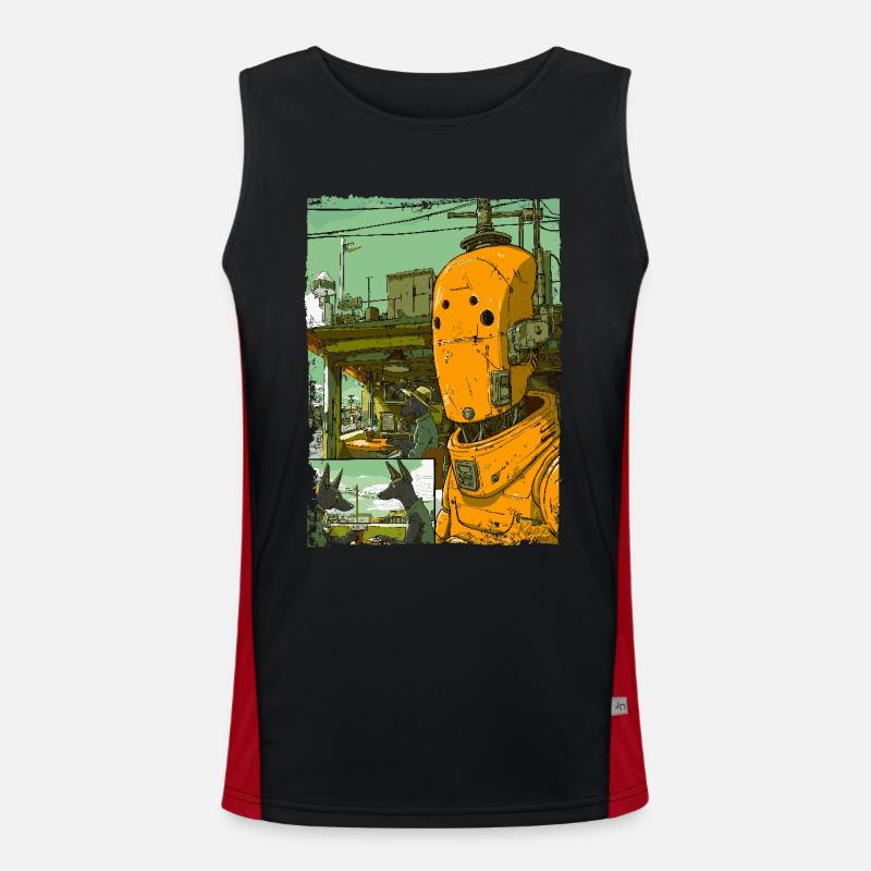 Cartoon einer Sci-Fi-Dystopie mit Roboter Funktionelles Kontrast-Tank Top für Männer 