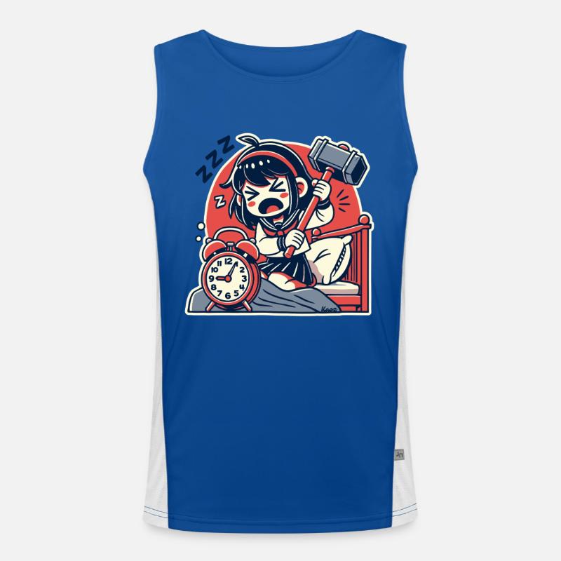 Müdes Mädchen mit Hammer und ein Wecker Funktionelles Kontrast-Tank Top für Männer 