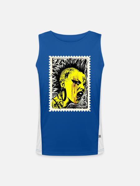 Wilde Punk Frau mit Iro und Wut auf Briefmarke - Funktionelles Kontrast-Tank Top für Männer  - Royal/Weiß - Vorne