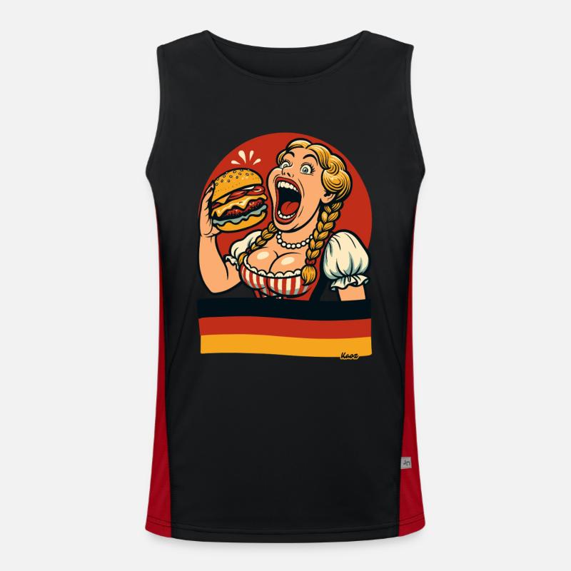 Dirndl woman eats giant burger Men's Functional Contrast Tank Top 