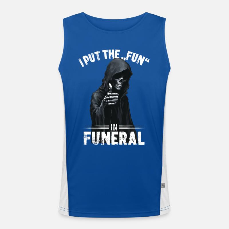 Grim Reaper saying I put the fun in funeral motif Men's Functional Contrast Tank Top 