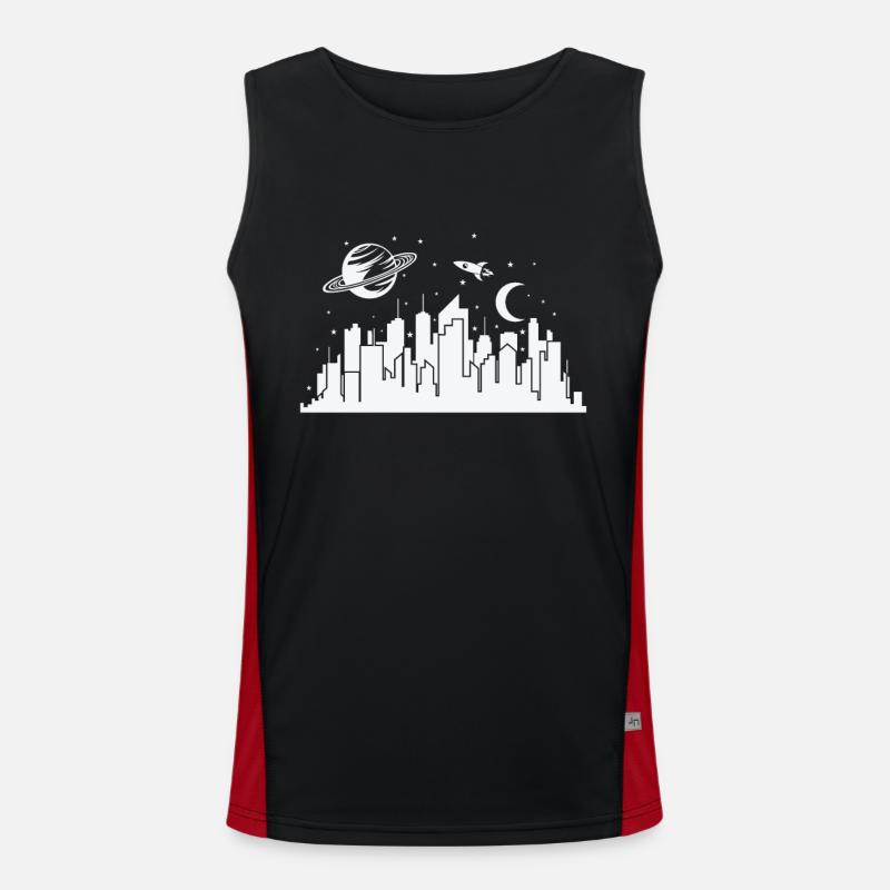 Skyline mit Planeten und Rakete Stadt Funktionelles Kontrast-Tank Top für Männer 