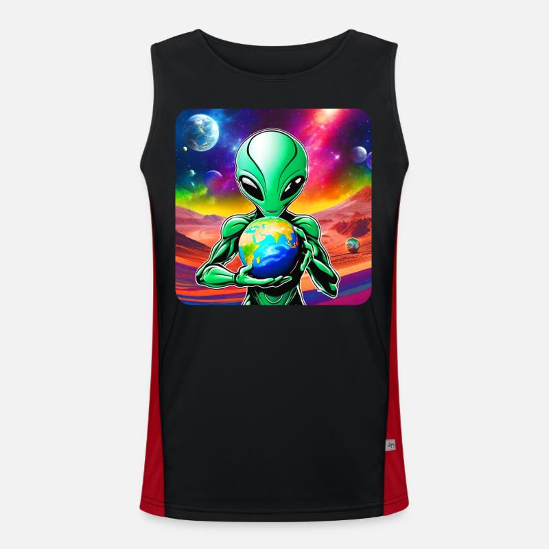 Cool alien with planet in his hands Men's Functional Contrast Tank Top 