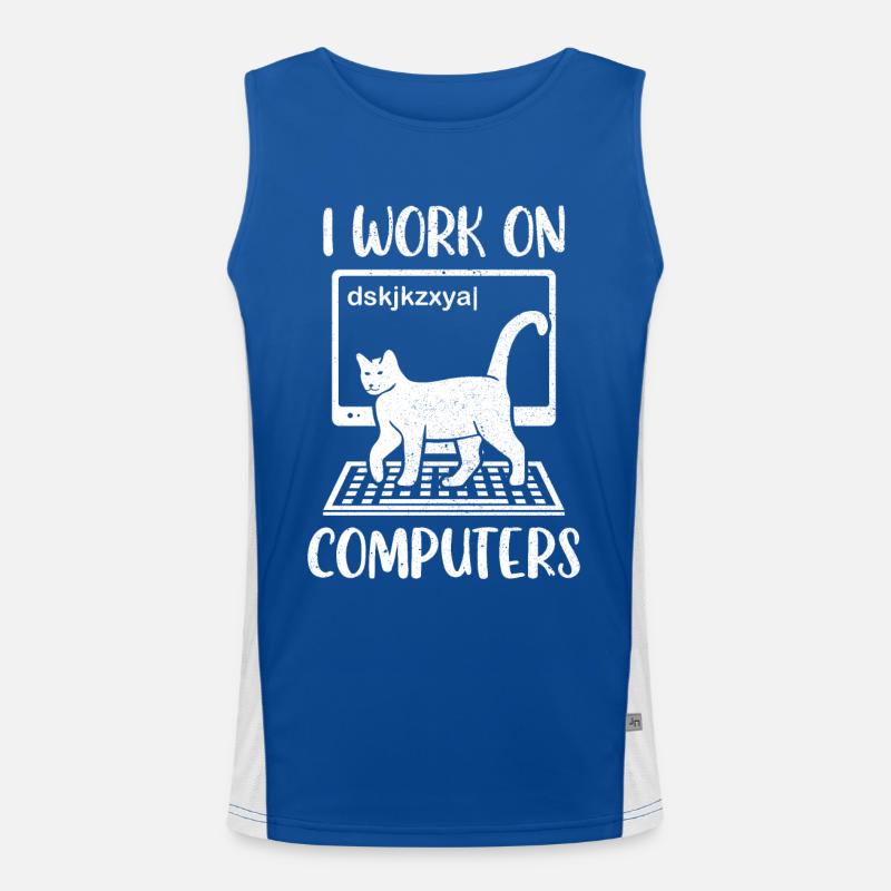 Cat Kitten Cat Mom I Work On Computers Men's Functional Contrast Tank Top 
