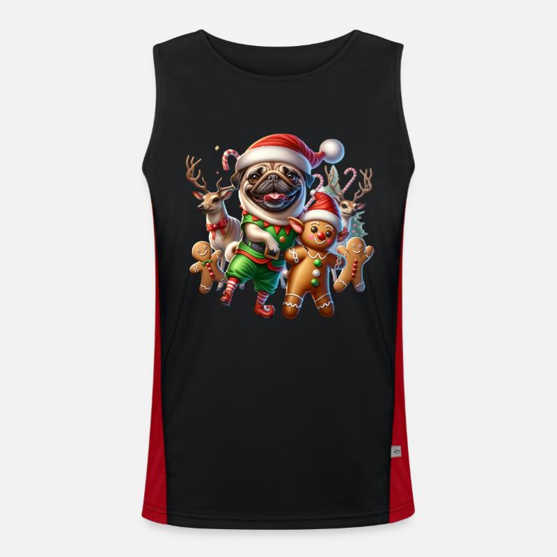 Funny Elf Pug Gingerbread Reindeer Santa Hat Men's Functional Contrast Tank Top 