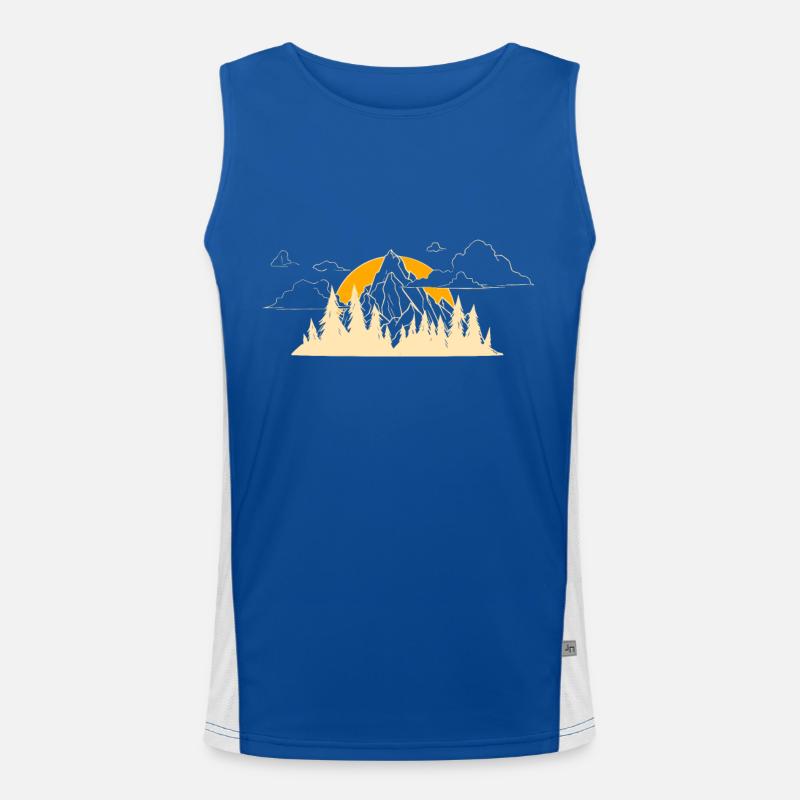 Berg Wald Bäume und aufgehende/untergehende Sonne Funktionelles Kontrast-Tank Top für Männer 