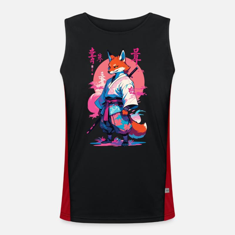 Kitsune Samurai Fuchs Aesthetic Vaporwave Stil Funktionelles Kontrast-Tank Top für Männer 