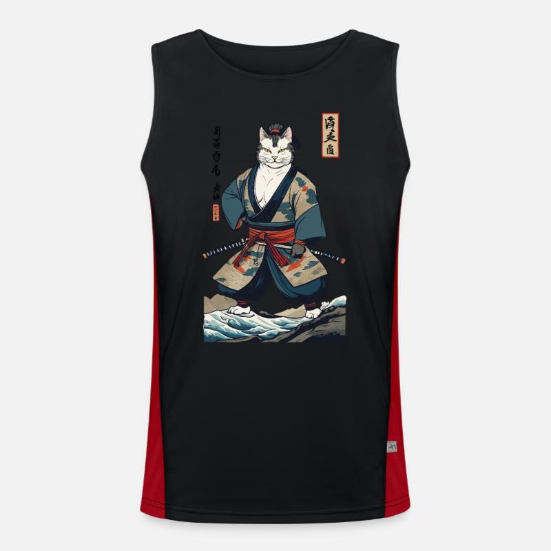 Chat Samouraï Vintage Ukiyo-E Japonais Débardeur respirant contrasté Homme 