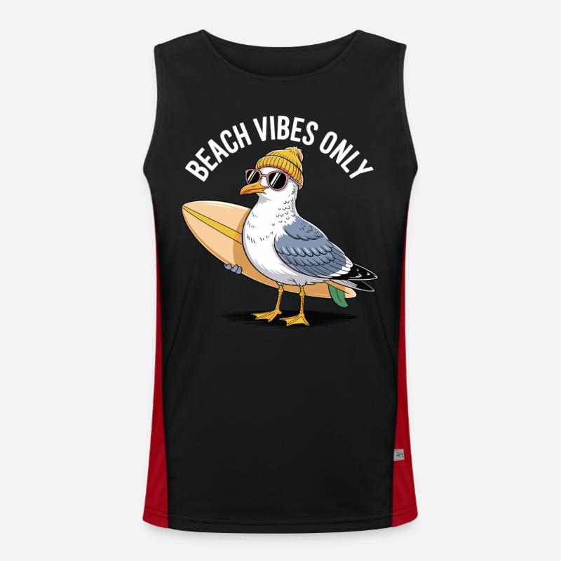 Möwe mit Surfbrett – Beach Vibes Only Funktionelles Kontrast-Tank Top für Männer 