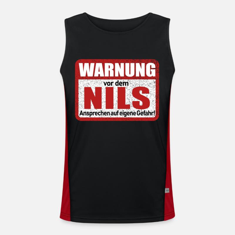 Nils Name Lustiges Warnschild Funktionelles Kontrast-Tank Top für Männer 