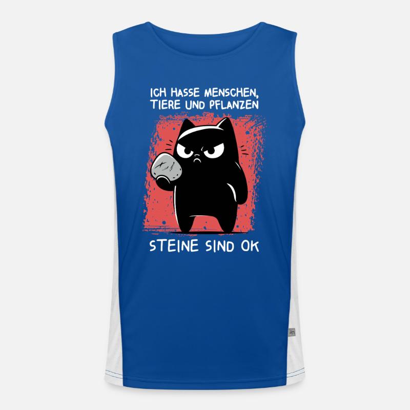 Wurfbereit – Schwarze Katze mit Stein Funktionelles Kontrast-Tank Top für Männer 
