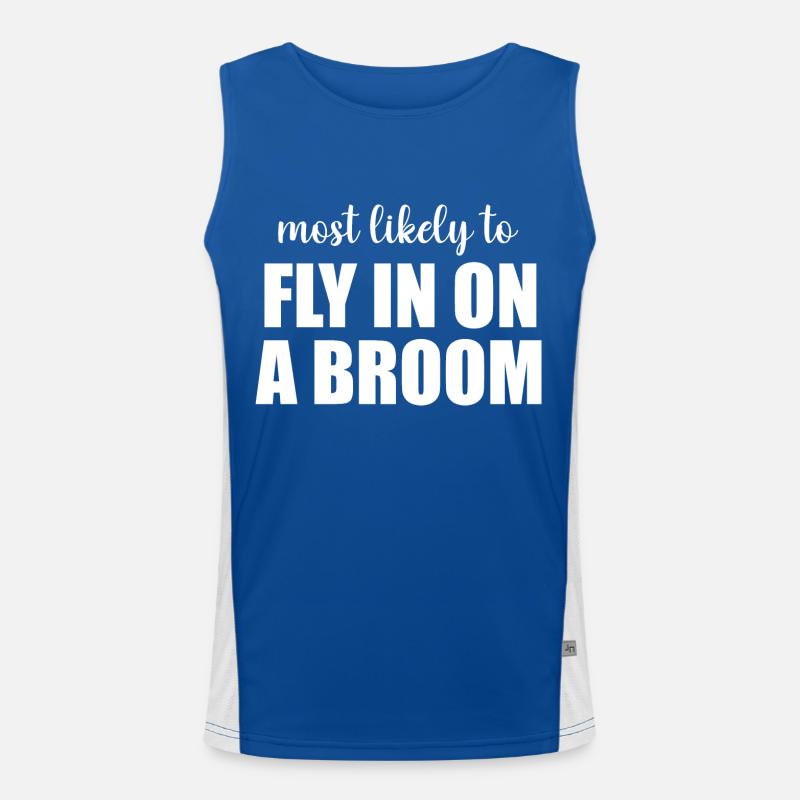 Most Likely To Fly In On A Broom Funny Halloween Men's Functional Contrast Tank Top 