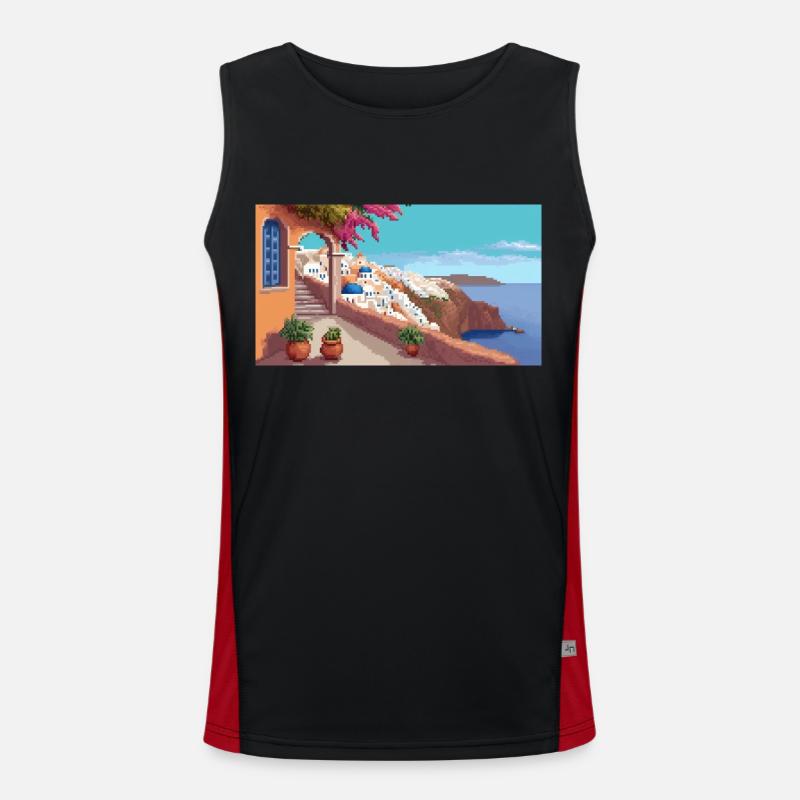 Oia, Santorin, Grèce - Pixel Art Débardeur respirant contrasté Homme 