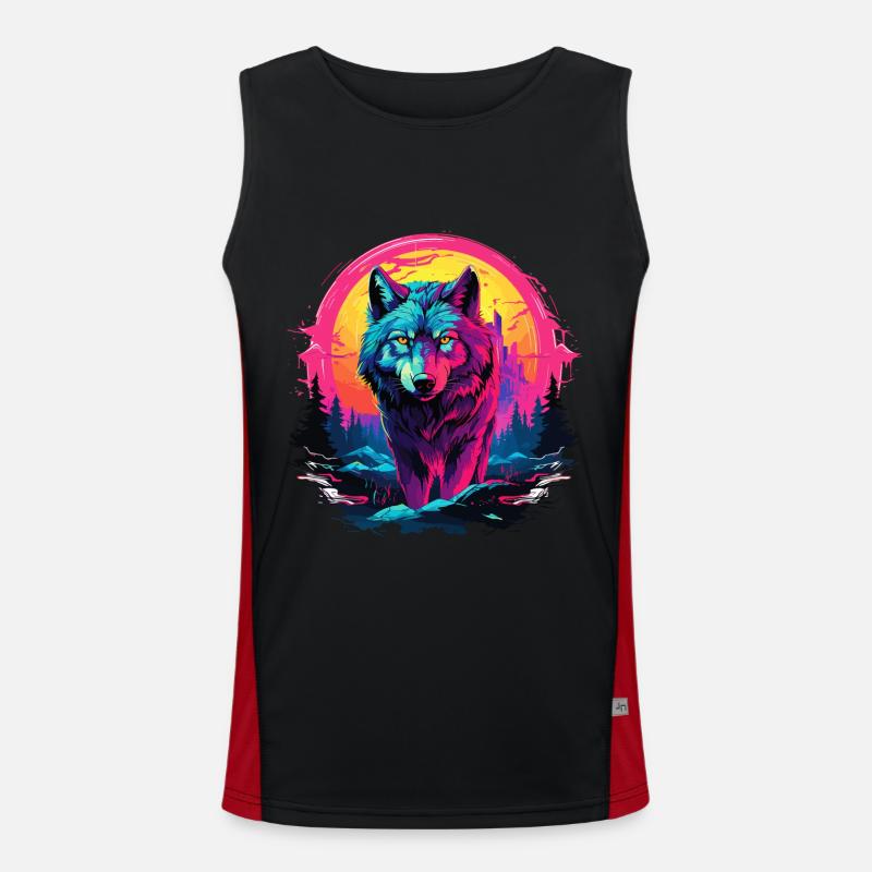 Wolf Night Moon Neon Wolf Head Forest Nature Mountains Men's Functional Contrast Tank Top 