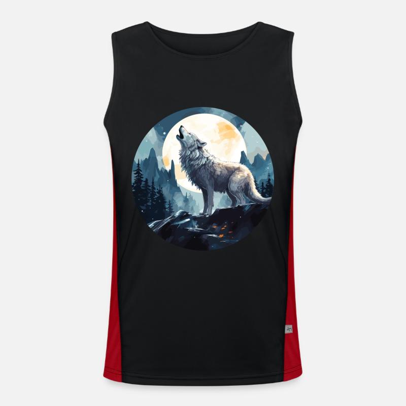 A Wolf Howling Under the Full Moon - Men's Functional Contrast Tank Top  - black/red